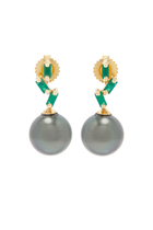 One of a Kind Earrings, 18k Yellow Gold with Emerald &  Tahitian Pearl
